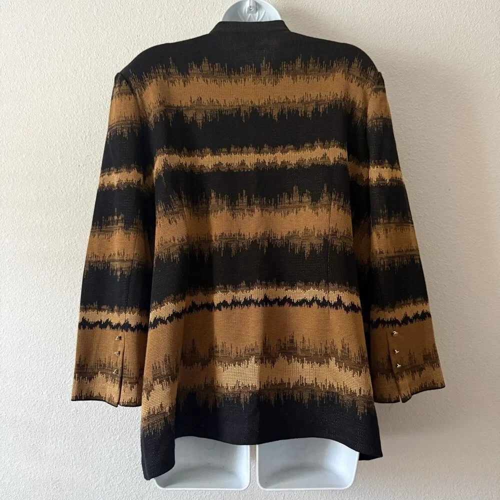 Misook Women's Knit Blazer Jacket Black & Cognac Earth Tone Geometric Print Luxe